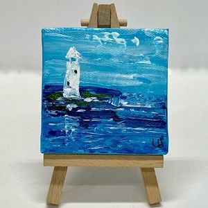 Original Acrylic Lighthouse Art on Mini Canvas in Easel